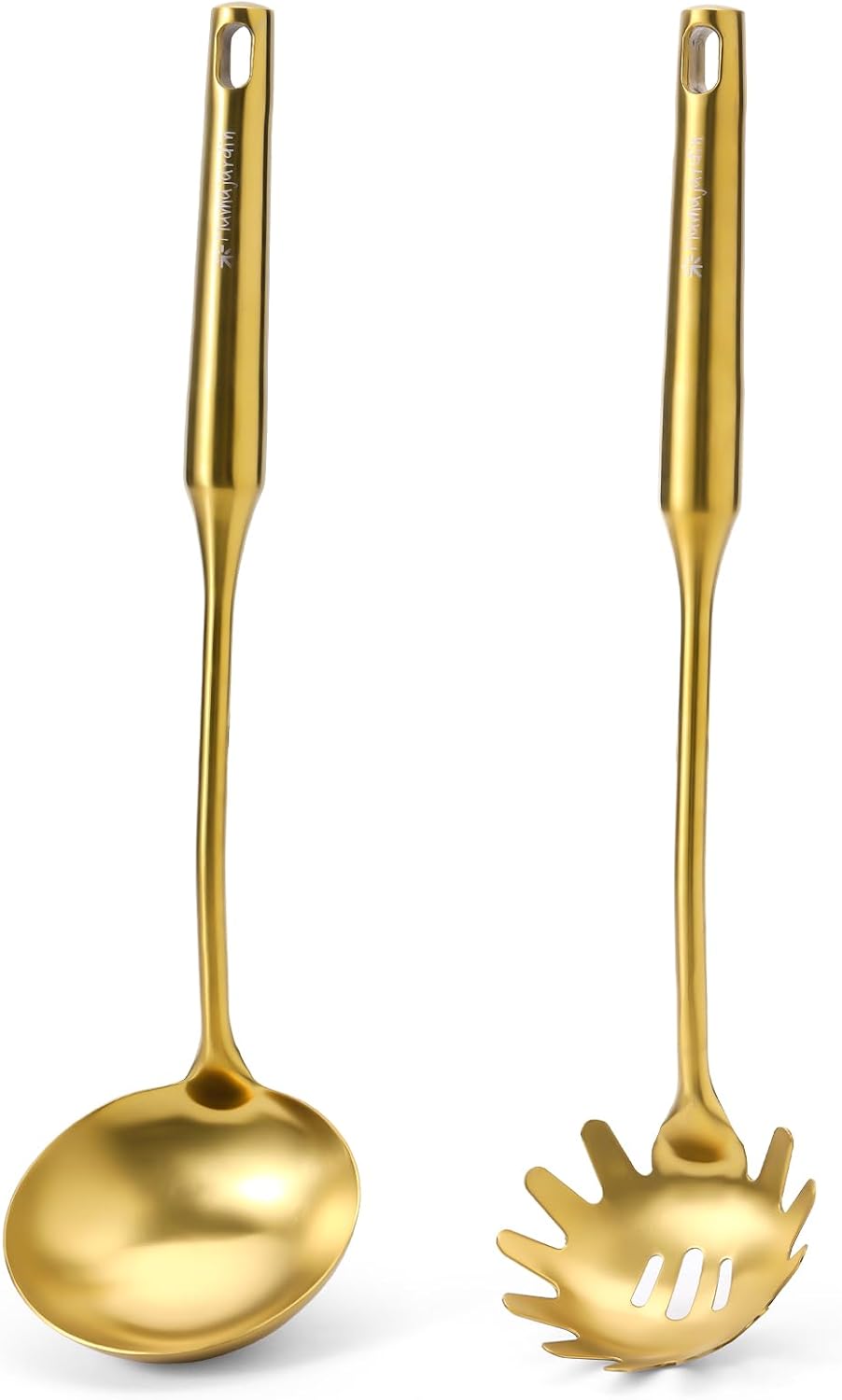 Gold Soup Ladle and Spaghetti Spoon Set - 18/10 Stainless Steel Soup Spoon，Pasta Strainer  13.8" Kitchen Utensils for Cooking，Stirring  Serving Pasta  Soup & Sauce  Christmas Gifts