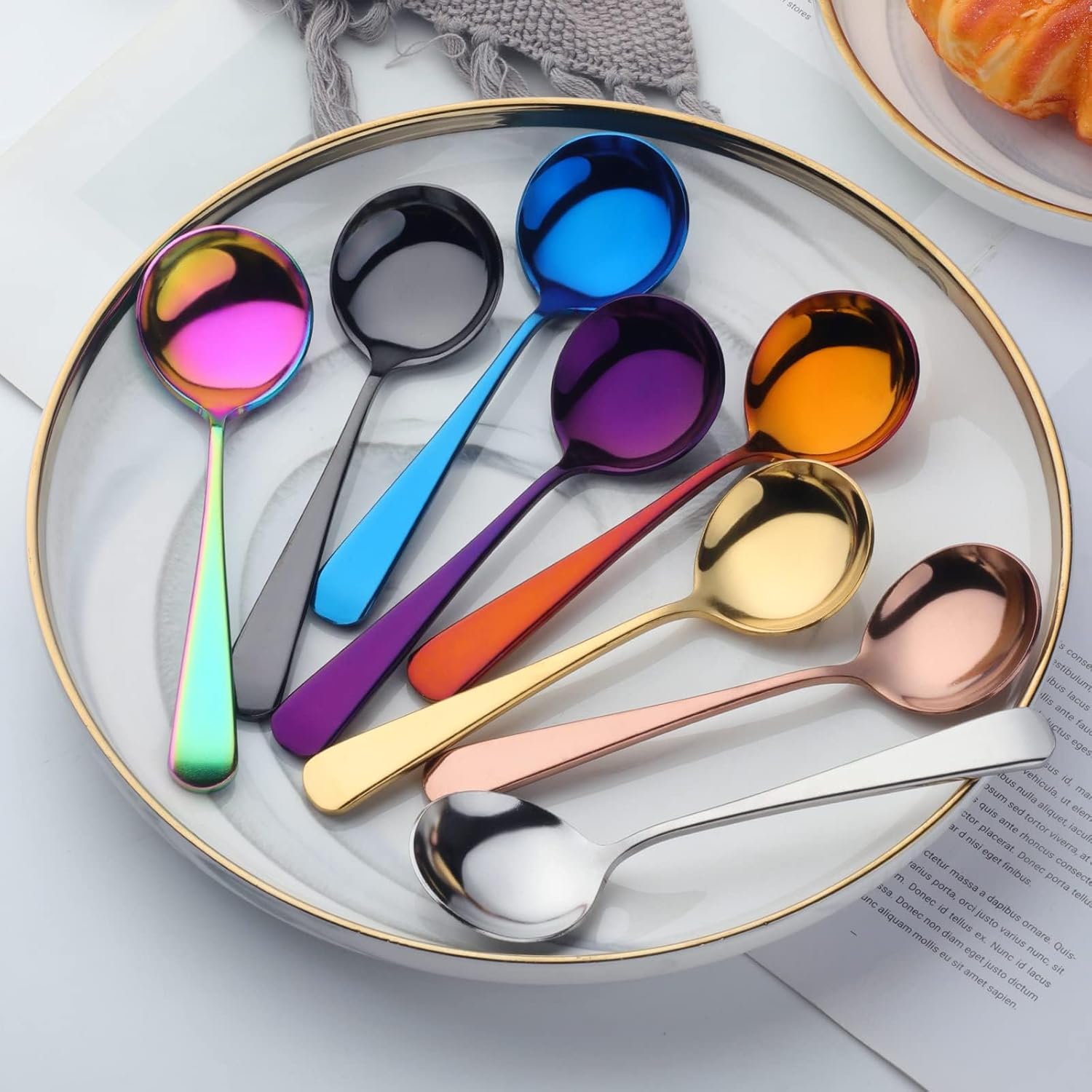 Broth Round Spoon Set  8-Piece Reusable Stainless Steel Dinner Table Cereal Soup Spoon  Camping Ramen Spoons