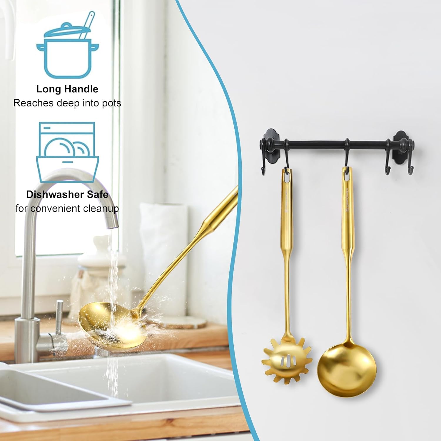 Gold Soup Ladle and Spaghetti Spoon Set - 18/10 Stainless Steel Soup Spoon，Pasta Strainer  13.8" Kitchen Utensils for Cooking，Stirring  Serving Pasta  Soup & Sauce  Christmas Gifts