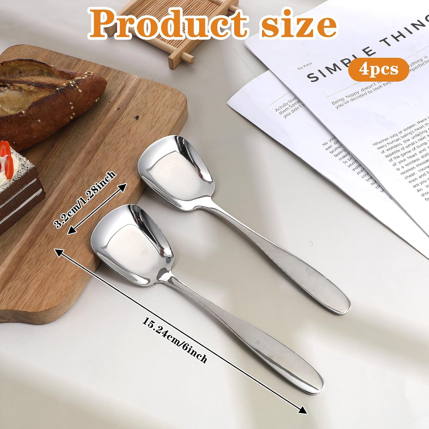 4 Pcs Ice Cream Spoon  Square Head Dessert Spoons Stainless Steel Soup Spoon Mini Shovel Spoons for Tea Dessert Sugar 6.0-inch Silve