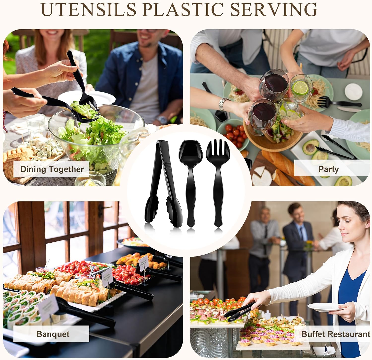 Mwellewm 36Pcs Plastic Serving Utensils Set 9'' Large Disposable Serving Spoons Forks Tongs for Serving Food Heavy Duty Black Large Party Utensils Supplies for Buffet Restaurant Dinner Salad Soup