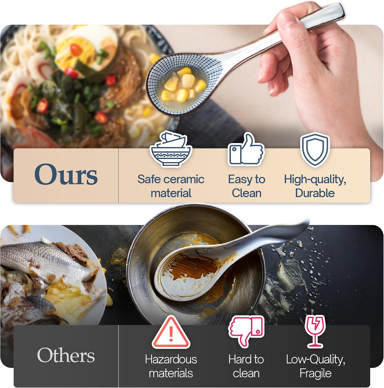KHOI NGUYEN Asian Soup Spoon Set of 4  Ceramic Pho Spoons  Ramen Spoon  Chinese Soup Spoons  Vietnamese Gifts  Non-Slip  Dishwasher Safe for Ramen  Pho  Wonton  Miso  Dumplings  4pcs