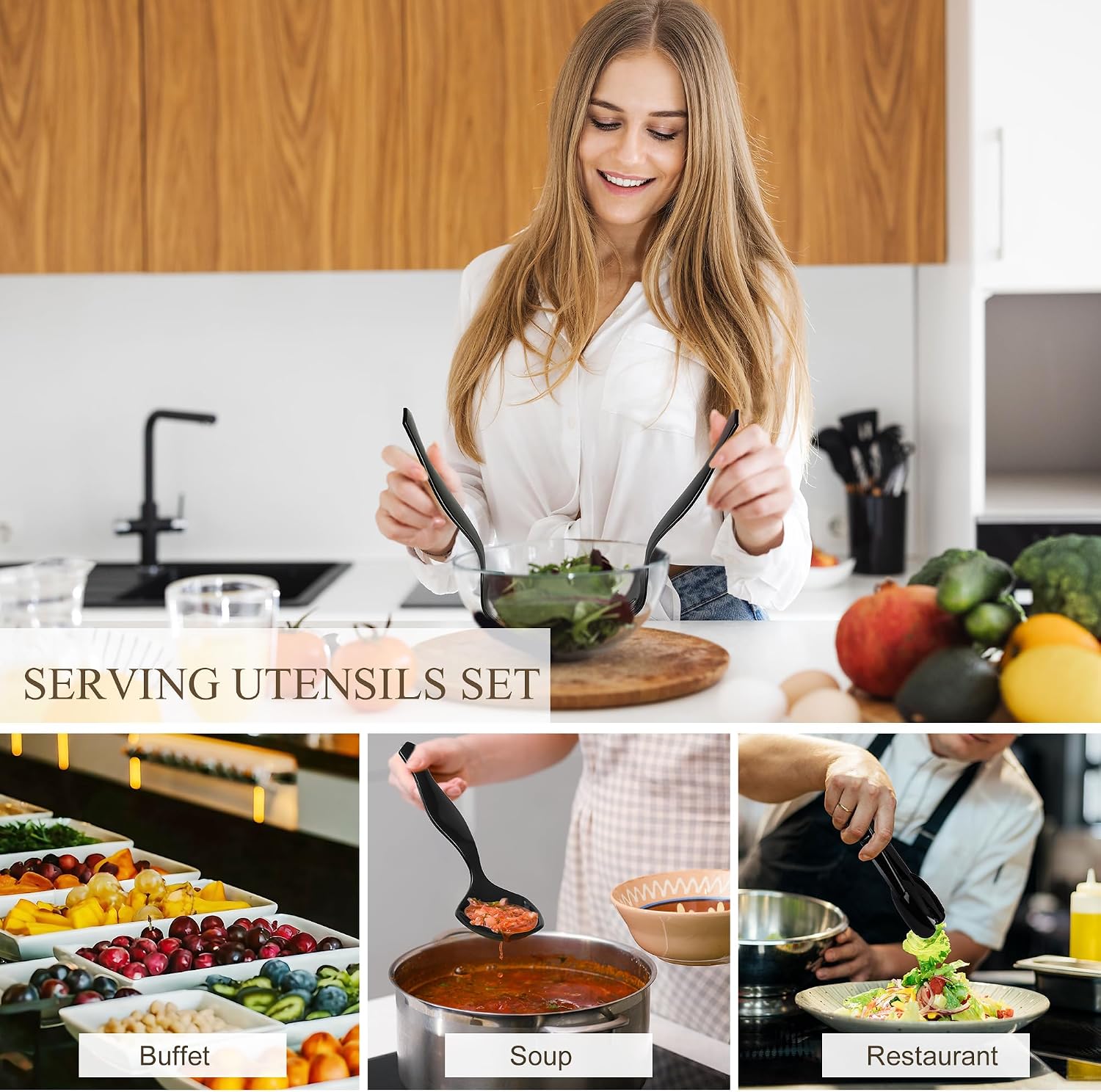 Mwellewm 36Pcs Plastic Serving Utensils Set 9'' Large Disposable Serving Spoons Forks Tongs for Serving Food Heavy Duty Black Large Party Utensils Supplies for Buffet Restaurant Dinner Salad Soup