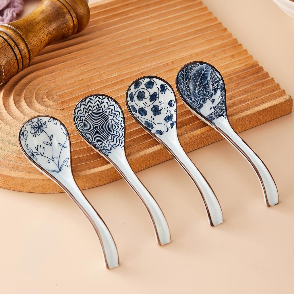 Ceramic Asian Soup Spoons  Easy to Hold  Long Handle Perfect Depth Spoon Set for Japanese Ramen Noodles  Chinese Dumpling  Pho  Miso  Wonton  Dishwasher Safe -Set of 4 - Blue