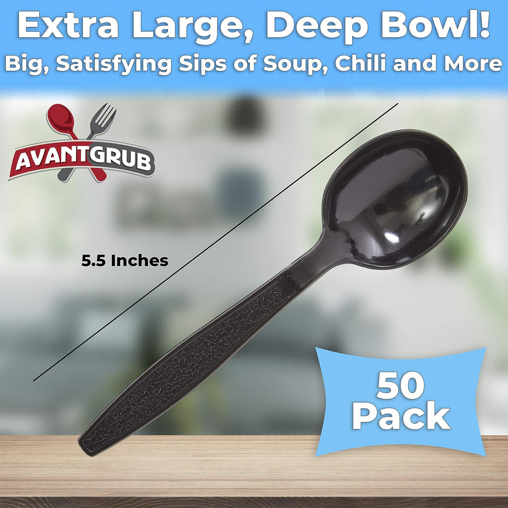 Extra Sturdy  Pro-Grade Plastic Soup Spoons 50 CT. Black  Heavy Duty Recyclable Utensils for Soups  Stews  Chili and Gumbo. Heavyweight Round Spoon is Perfect for Restaurants  Diners and Catering